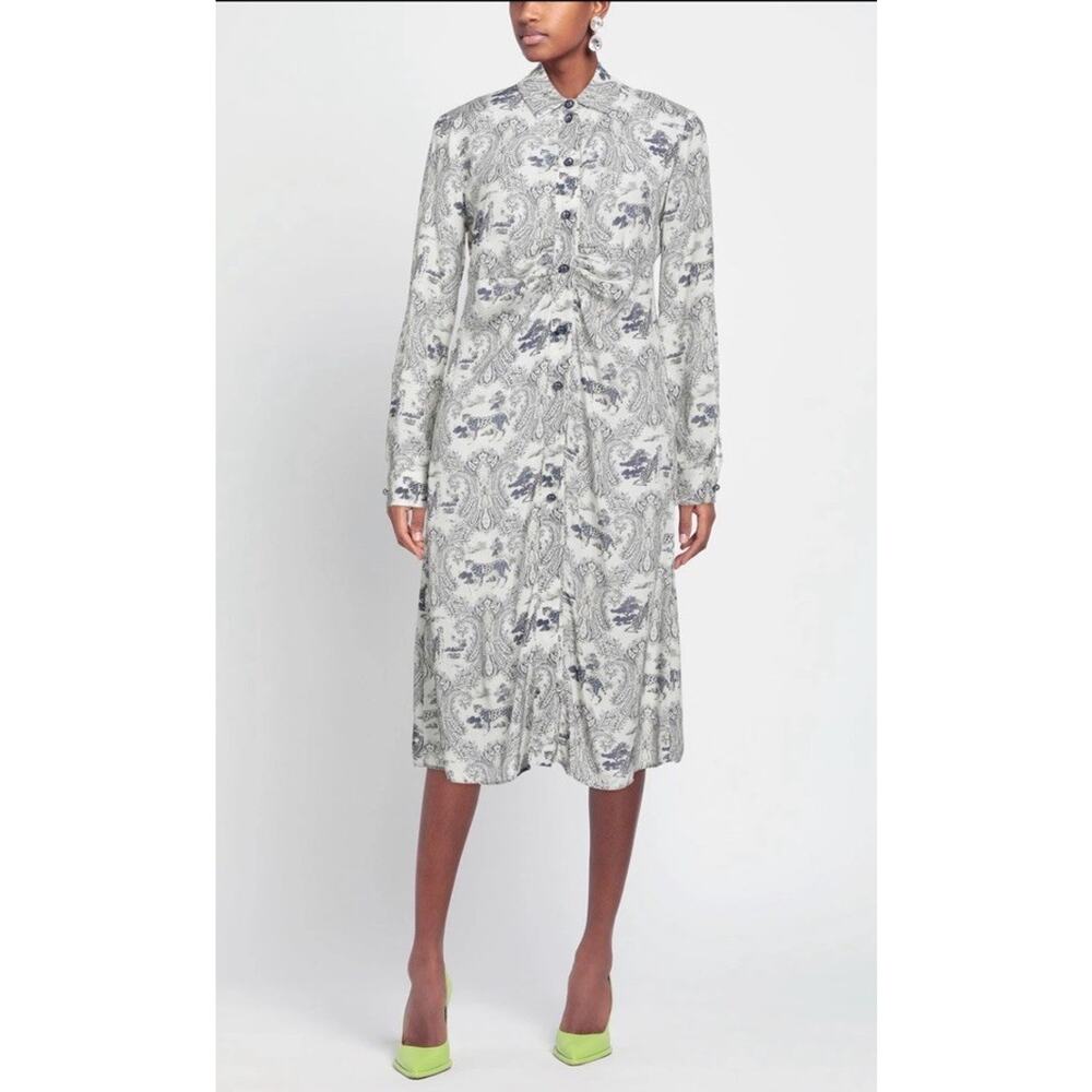 Pinko Carbonia Print Long Sleeve Ruched Shirt Dress White Blue Size 8‎